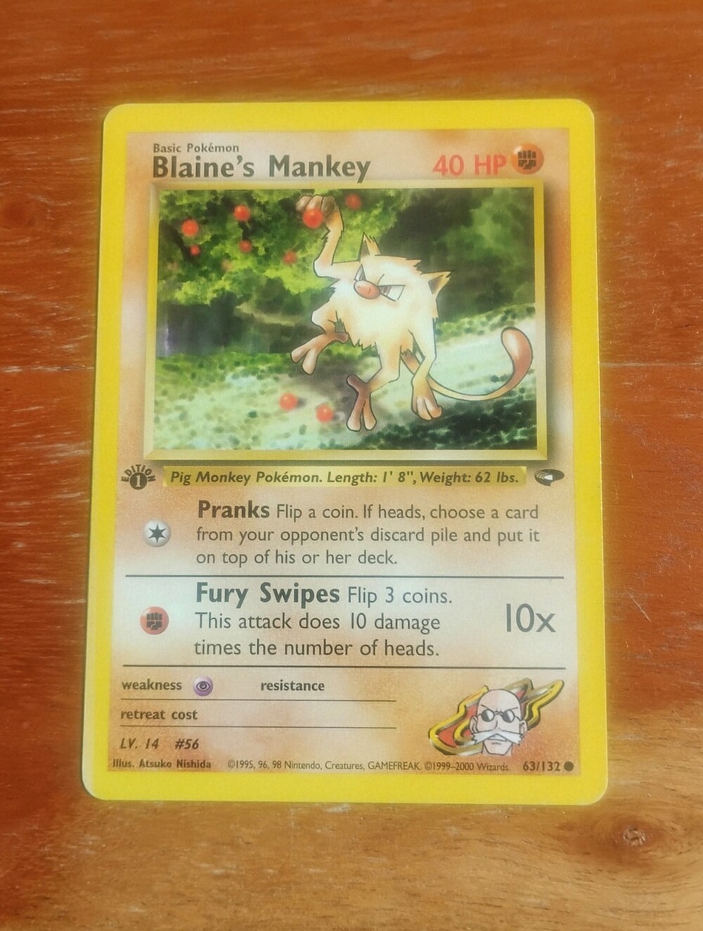 LP WOTC 2000 1st Edition Blaine's Mankey 63/132 Gym Challenge Pokemon Card